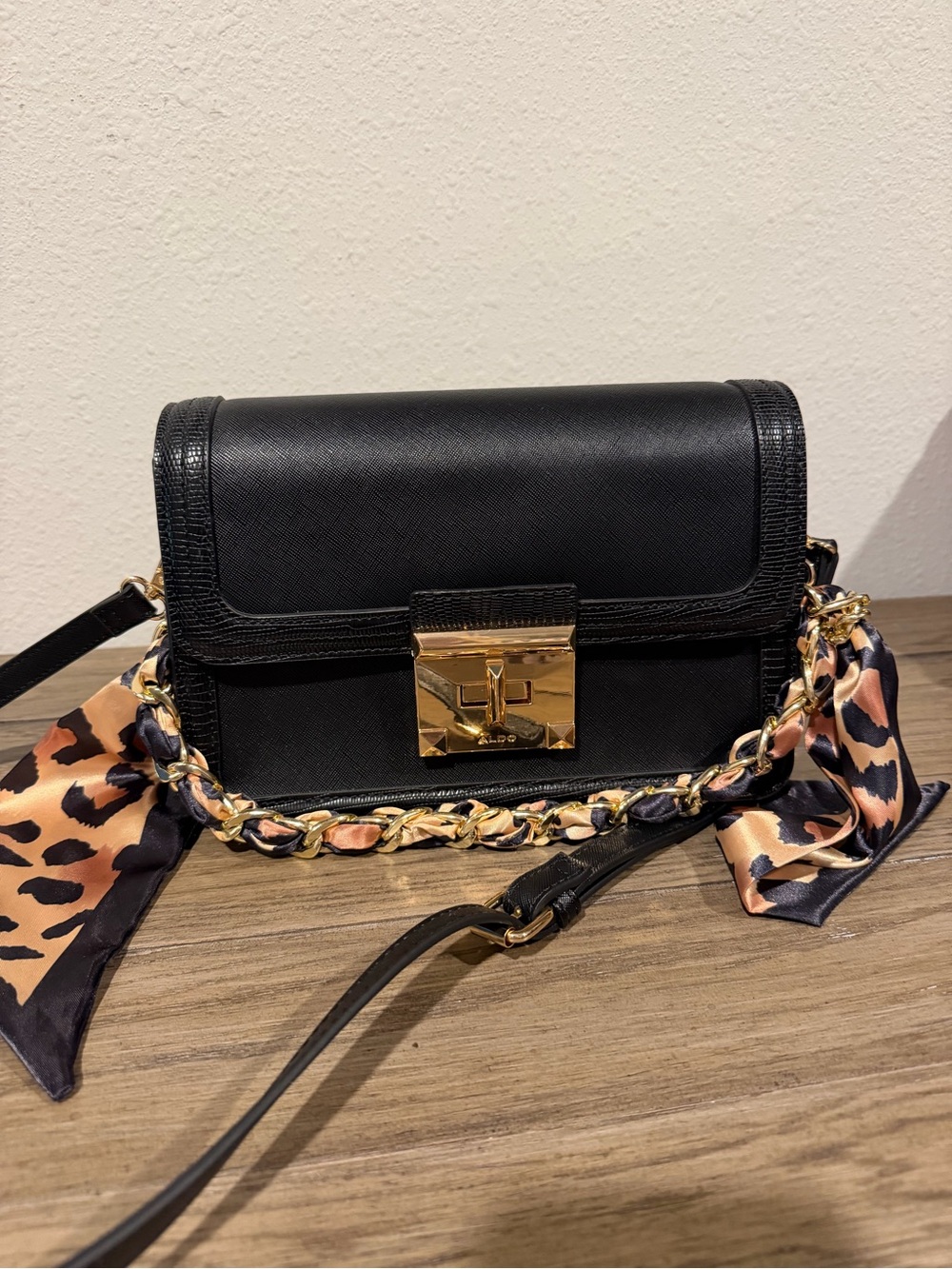 Aldo Black Crossbody Bag with Gold Lock and Leopard Scarf